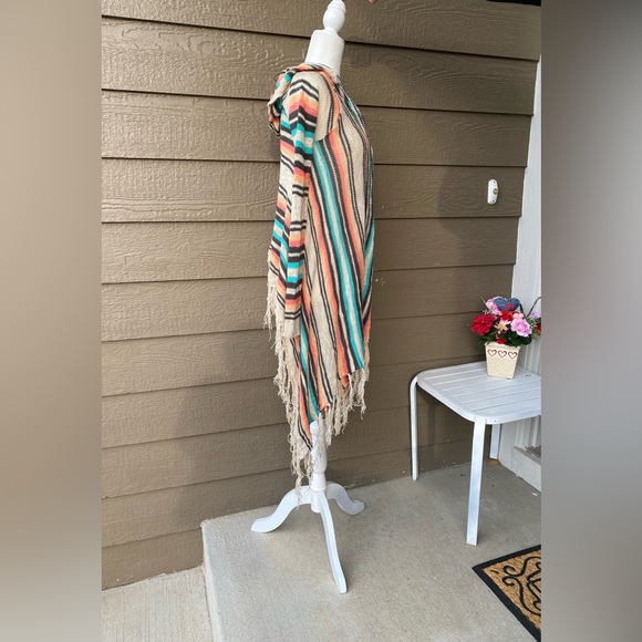 Striped Boho Hooded Cardigan Sweater Fringe - Picture 3 of 5